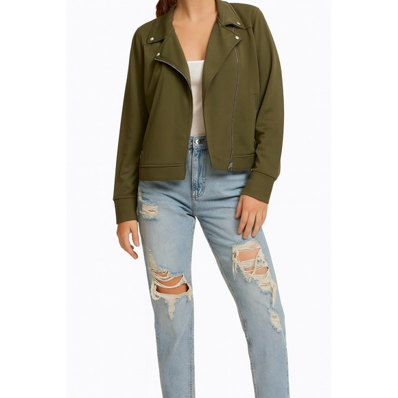 Chicos Moto Jacket Olive Green Gold Hardware Full Zip Pockets Women's Size 2‎ - Picture 1 of 8